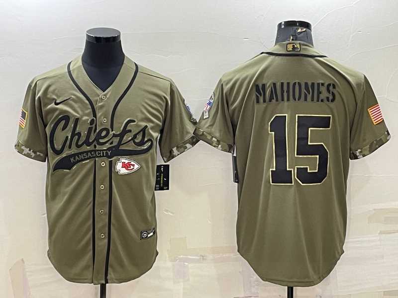 Mens Kansas City Chiefs #15 Patrick Mahomes 2022 Olive Salute to Service Cool Base Stitched Baseball Jersey